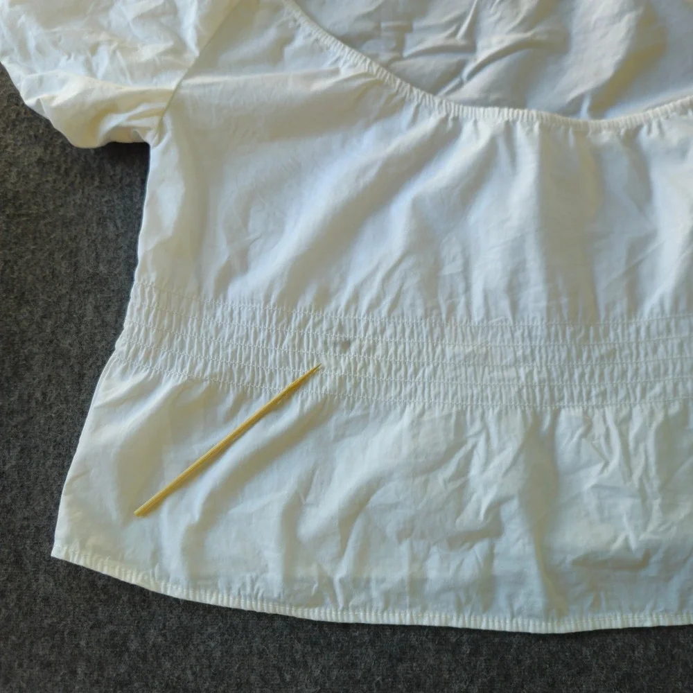 STAUD Puff Sleeve Top Sz M White Smock Waist Scoop Neck Poplin Boho Chic FLAWED